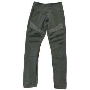 Zella Womens Moto Ribbed High Waist Leggings Green Mesh Metallic Panels Size M